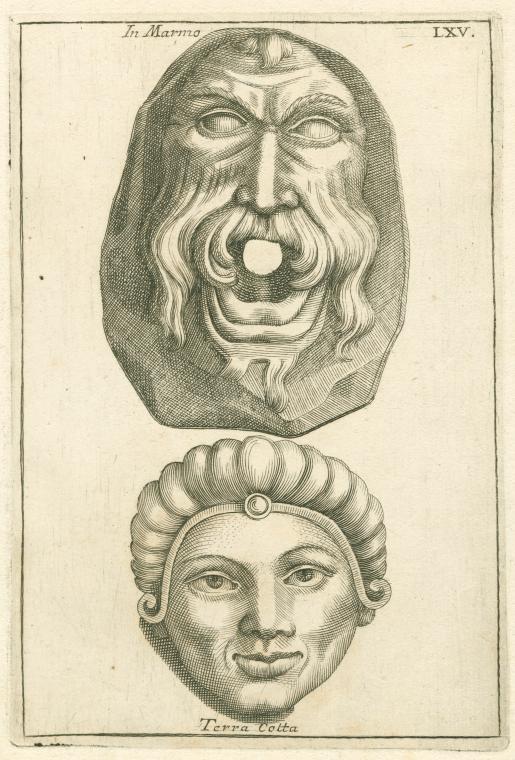 Marble and terra-cotta Roman theatre masks