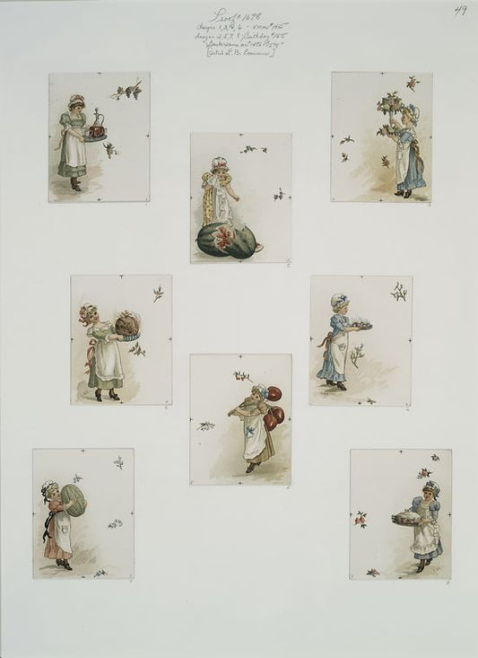 Christmas and birthday cards depicting young girls with flowers, watermelon, serving food, drinks and fruit