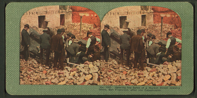 Opening the safes of a Market Street Jewelry Store, San Francisco, after the Catastrophe.