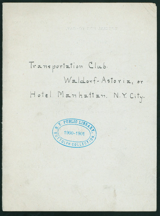 DAILY MENU [held by] TRANSPORTATION CLUB [at] "WALDORF-ASTORIA OR HOTEL MANHATTAN, NEW YORK, NY" (REST;)