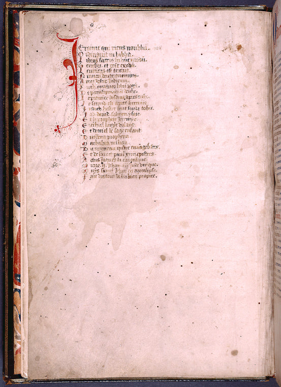 Macaronic verse in French and Latin on the order of books in the Bible: Jeroime qui riens n'oublia/Ordinavit in biblia/ Libros sacros in hunc modum ...