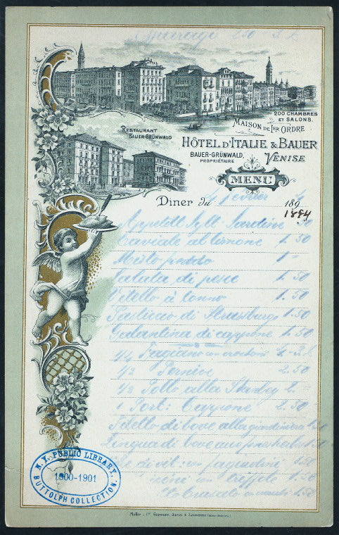 DINNER [held by] HOTEL D'ITALIE & BAUER [at] "VENISE, RESTAURANT BAUER-GRUNEWALD" (HOTEL;)
