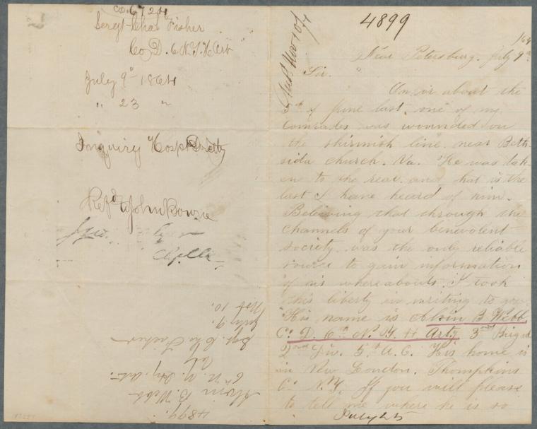 Letter of inquiry by Sgt. Charles Fisher, July 9, 1864, for Alvin B. Webb, 6 NY Heavy Artillery, Co. D ; Inquiry form