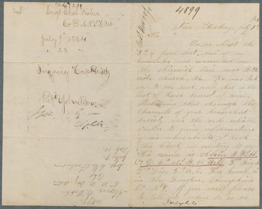 Letter of inquiry by Sgt. Charles Fisher, July 9, 1864, for Alvin B. Webb, 6 NY Heavy Artillery, Co. D ; Inquiry form