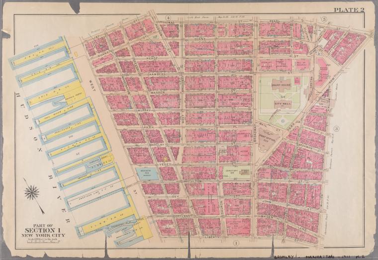 Plate 2: Bounded by Jay Street, Hudson Street, Thomas Street, Pearl Street, Park Row, N. William Street, William street, Liberty Street, and [Hudson River, Piers 13-22]West Street.]