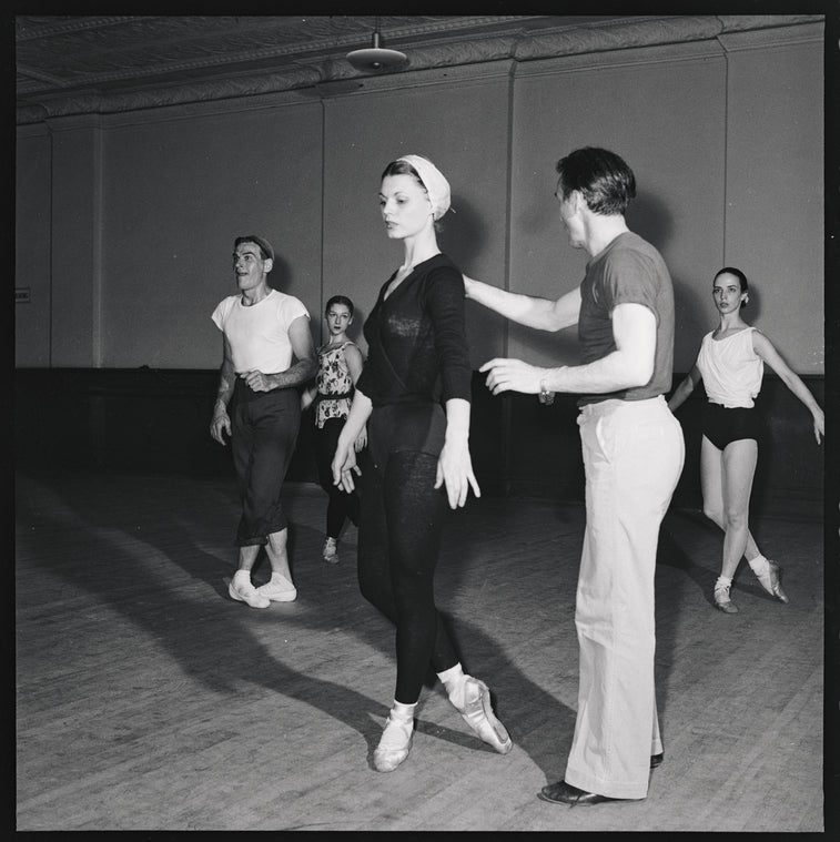 Andre Eglevsky rehearsing Capriccio Brillante with George Balanchine, Irene Larsson, Barbara Bocher and Constance Garfield