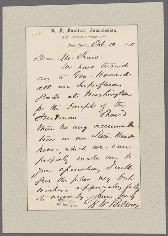Bellows, H.W. New York. To Mr. Shaw