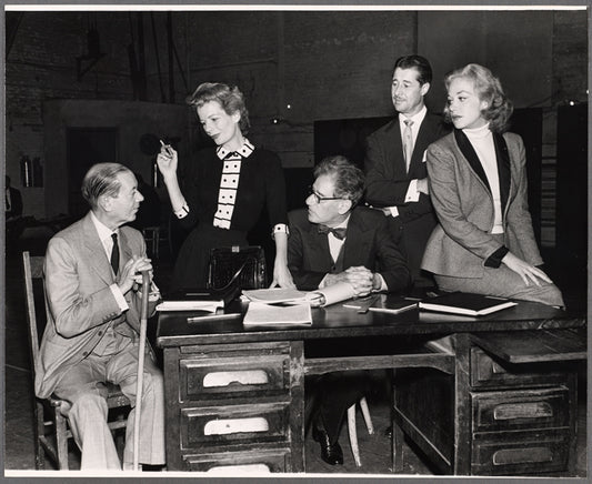Cole Porter, Leueen MacGrath, George S. Kaufman, Don Ameche and Hildegarde Neff in rehearsal for the stage production Silk Stockings