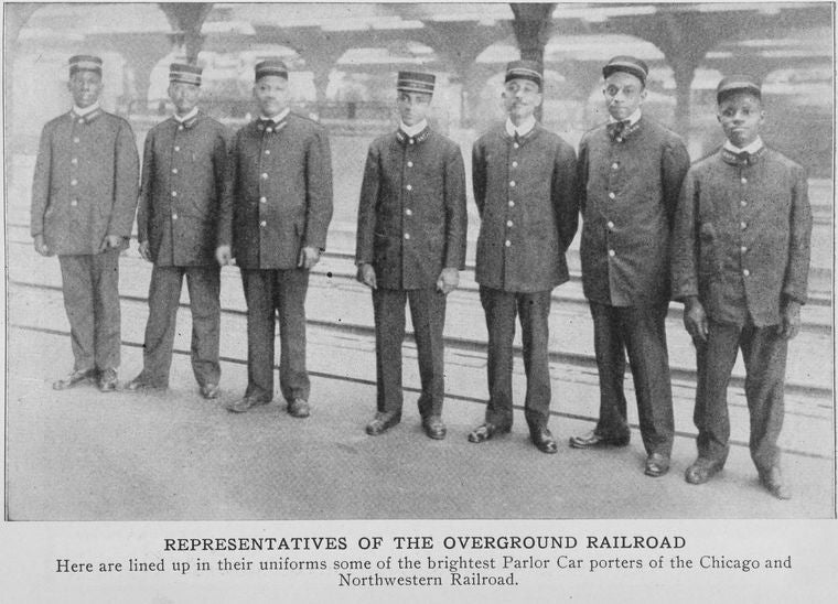 Representatives of the overground railroad; Here are lined up in their uniforms some of the brightest Parlor Car porters of the Chicago and Northwestern Railroad.
