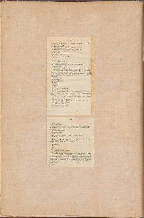 Key continued: Map of the City of New York showing the original high water line and the location of different Farms and Estates