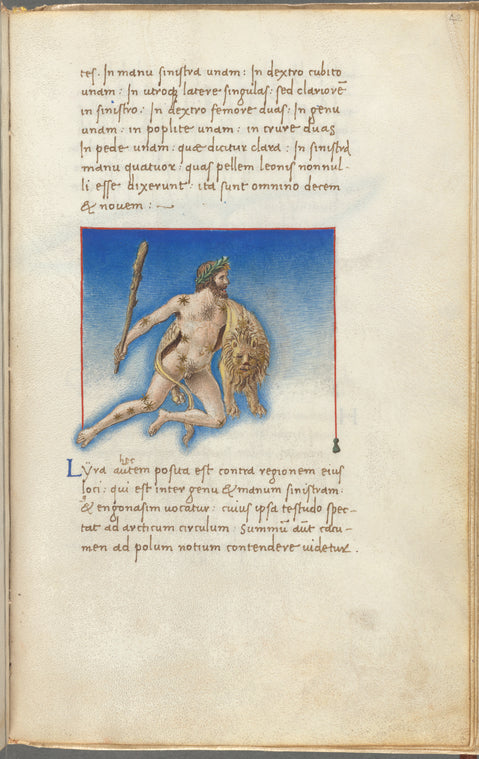 Miniature of Engonasin or Hercules, in flight, nude and holding club and lion's skin, with text and 1-line blue initial