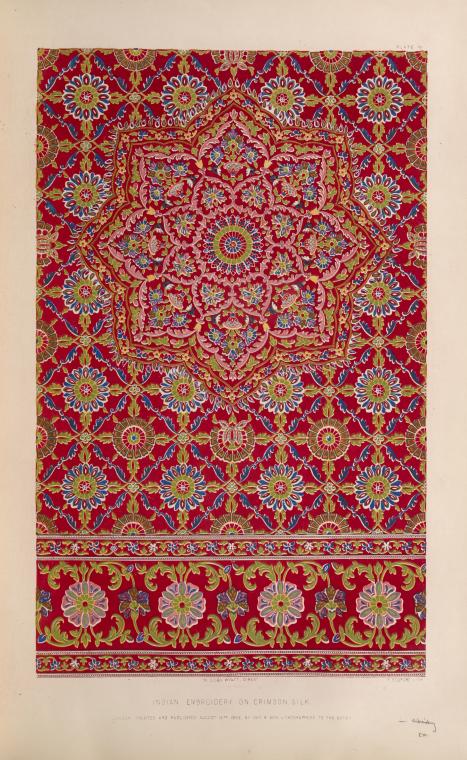 Indian embroidery on crimson silk.