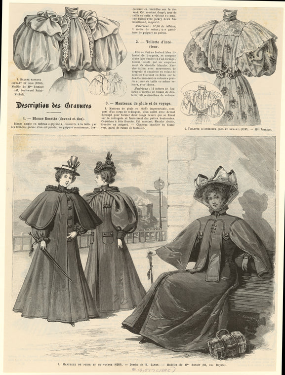 Blouse rosette (devant et dos) ; Toilette d'intérieur (dos et devant) ; Manteaux de pluie et de voyage