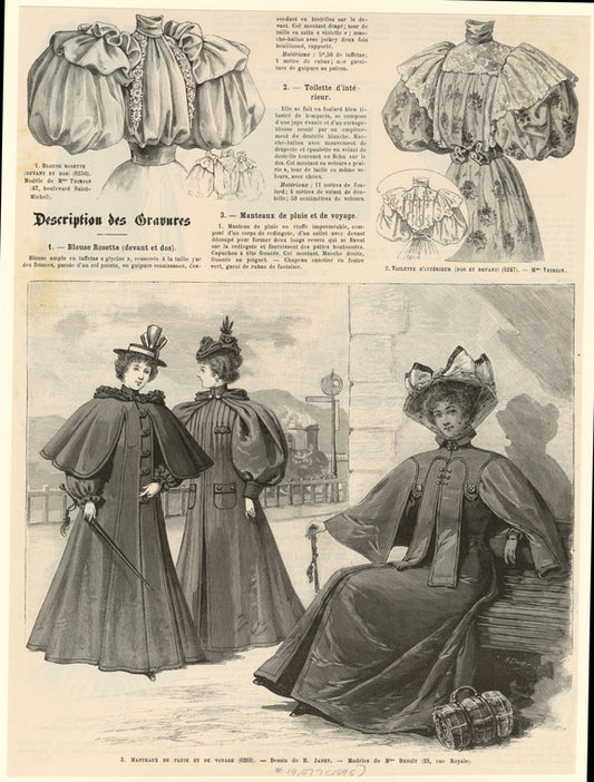 Blouse rosette (devant et dos) ; Toilette d'intérieur (dos et devant) ; Manteaux de pluie et de voyage
