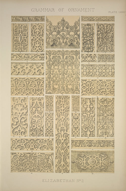Elizabethan Ornament no. 2: Various ornaments in relief from the time of Henry VIII to that of Charles II.