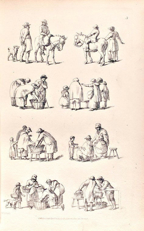 Marketplace scenes. People in groups with baskets of fruit, men on horseback