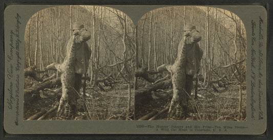 The hunter Johnny and his prize - ten miles home. A wild cat hunt in Colorado, U.S.A.