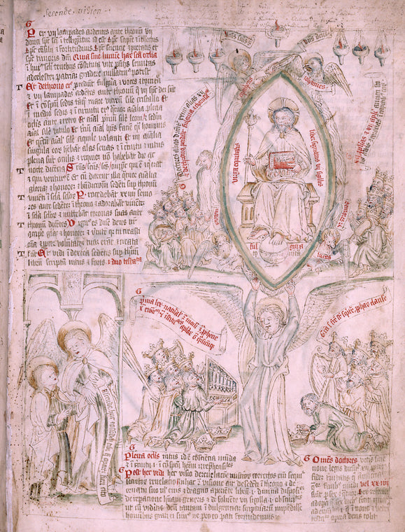 Second vision: an angel shows John a vision of God in majesty, with symbols of the four evangelists, as the elders kneel in adoration