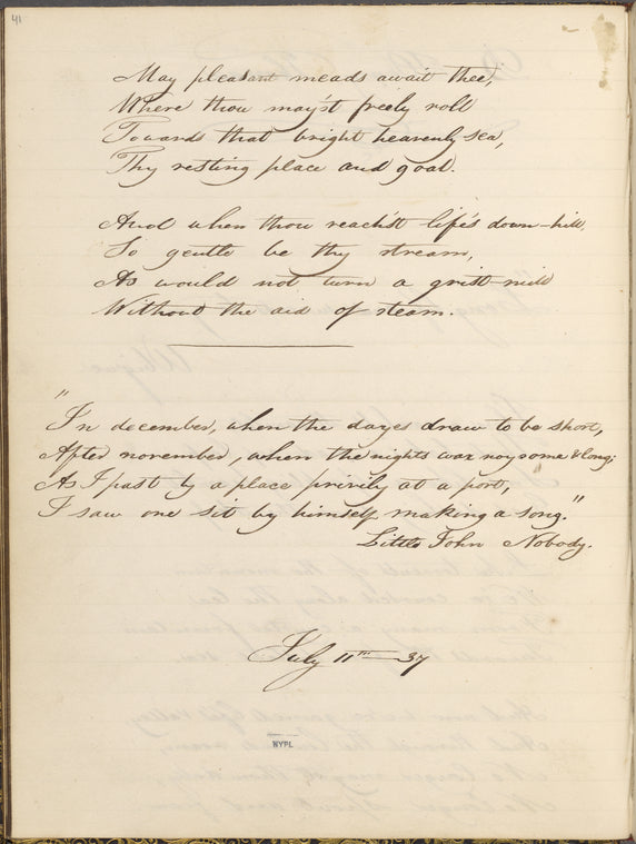 "I love a careless streamlet..." Poem in: Russell, Charles Theodore, Memento of my class mates, Autograph album from Harvard, 1837.