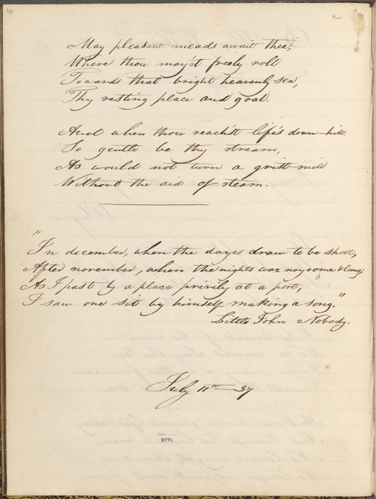 "I love a careless streamlet..." Poem in: Russell, Charles Theodore, Memento of my class mates, Autograph album from Harvard, 1837.