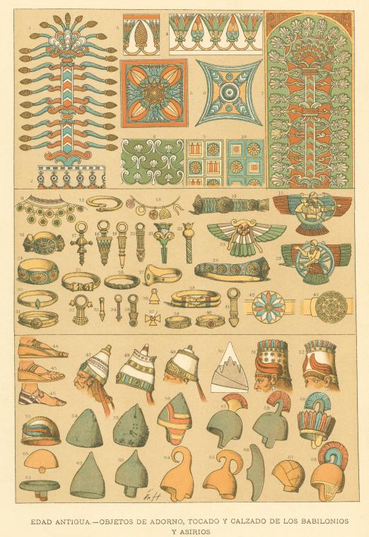 Objetos de adorno, tocado y calzado de los Babilonios y Asirios