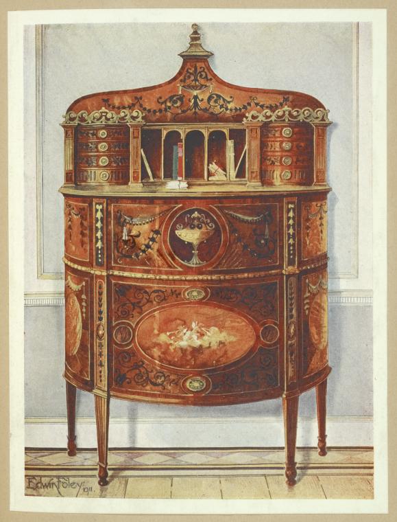 Inlaid and painted satinwood writing-desk cabinet, ormolu mounted. Style, late eighteenth century. Formerly in the Willett Collection.