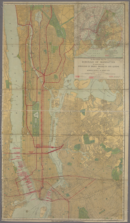 The Rand McNally map of the Borough of Manhattan, the principal portion of the Boroughs of Bronx, Brooklyn, and Queens and the business district of Jersey City
