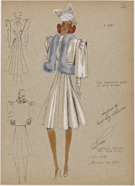Fox bordered jacket over dress.