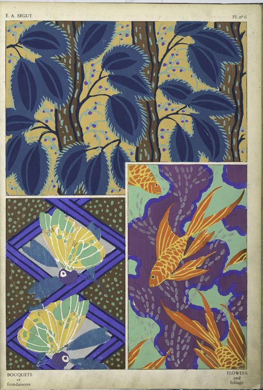 1. Foliage; 2. Butterflies and foliage; 3. Goldfish