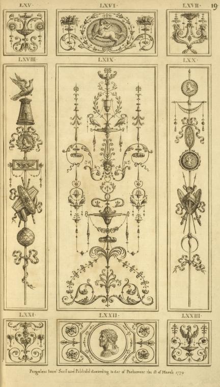Central ornamental design with birds, leaves, and face