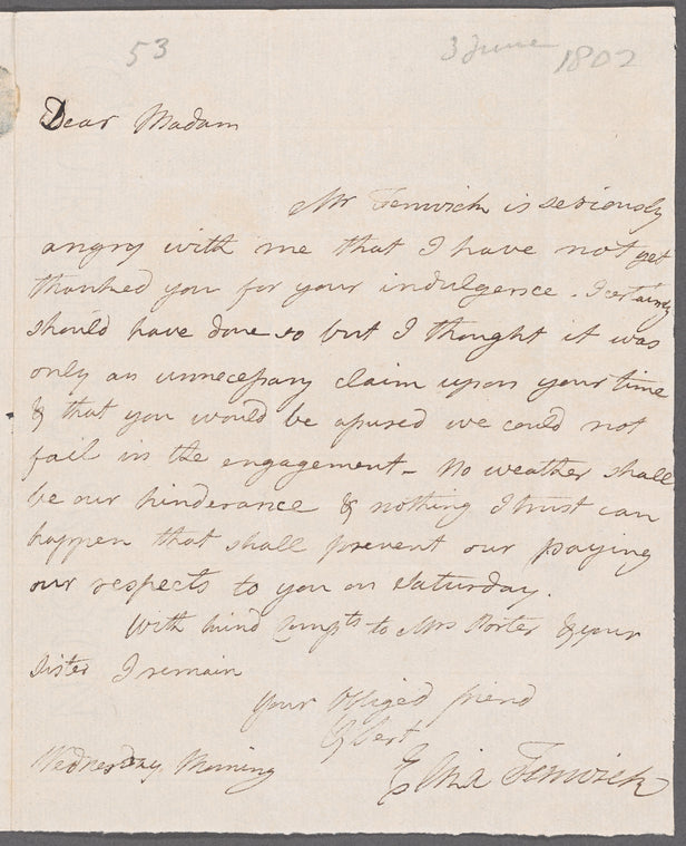 Eliza Fenwick to Jane Porter, autograph letter signed