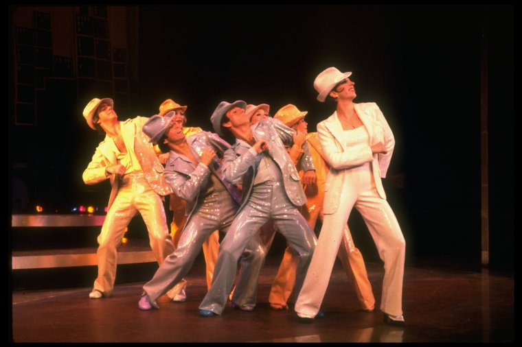 Actress Liza Minnelli, future choreographer Wayne Cilento (3L) and dancers in a scene from the Broadway production of the musical "The Act." (New York)