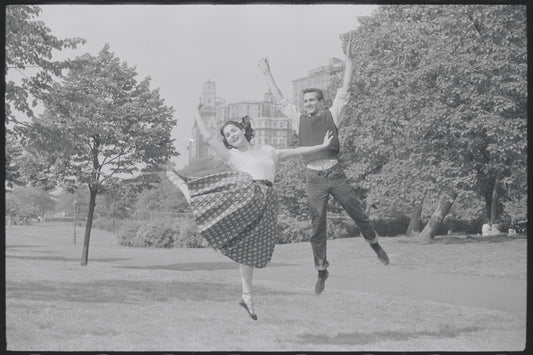 Larry Kert and Carol Lawrence on location in Central Park for publicity for the stage production West Side Story