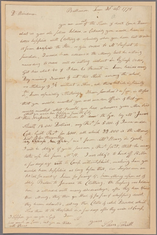 Letter to James Hindman, or in his absence Col. Loyd, Annapolis