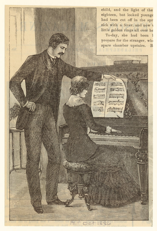Woman playing the piano while man turns sheet music.
