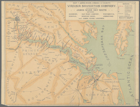 Map of James River, Virginia and vicinity : James River day route between Richmond, Old Point Comfort, Portsmouth, Norfolk, Newport News, Jamestown, and James River landings