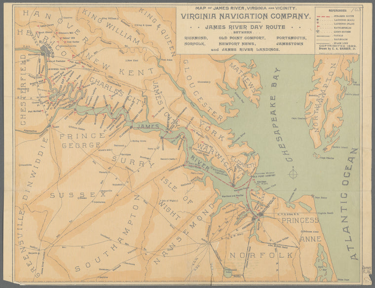 Map of James River, Virginia and vicinity : James River day route between Richmond, Old Point Comfort, Portsmouth, Norfolk, Newport News, Jamestown, and James River landings