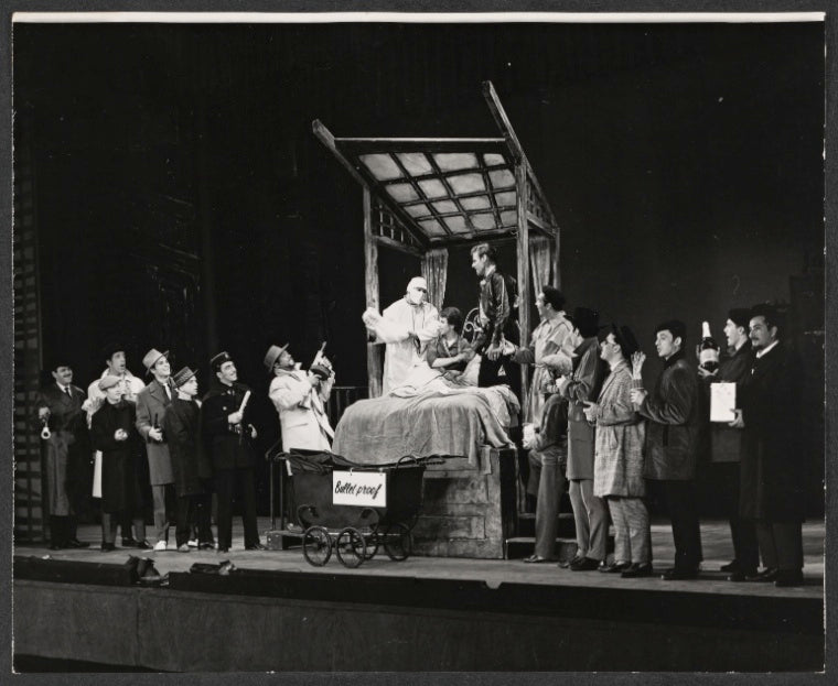 Elizabeth Seal, Keith Michell [center] and ensemble in the stage production Irma La Douce