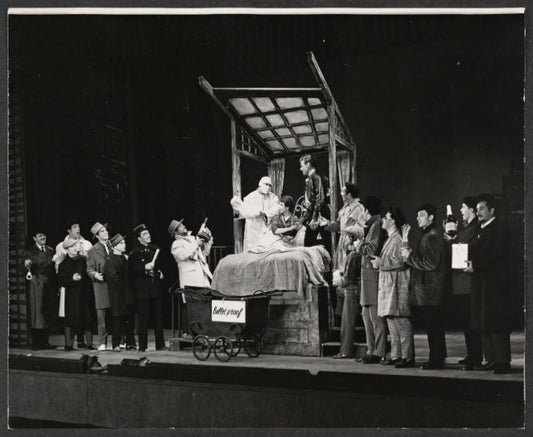 Elizabeth Seal, Keith Michell [center] and ensemble in the stage production Irma La Douce