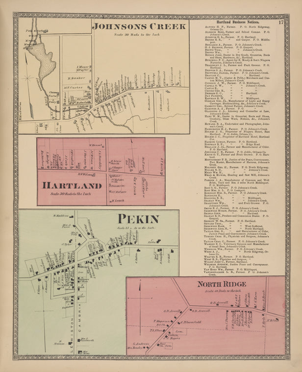 Johnsons Creek [Village]; Hartland [Village]; Pekin [Village]; North Ridge [Village]; Hartland Business Notices