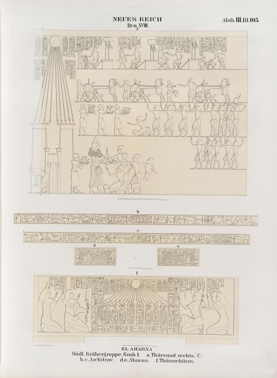 Neues Reich. Dynastie XVIII.  El Amarna [Tell el-Amarna]. Südliche Gräbergruppe.  Grab 1.  a. Thürwand  rechts [C.]; b. c. Architrav ; d. e. Abcus ; f. Thürarchitrav.