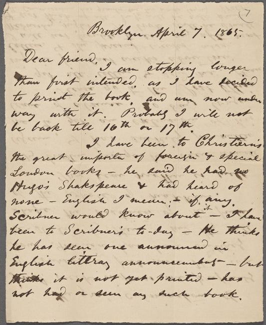 O'Connor, William D., ALS to. Apr. 7, 1865.