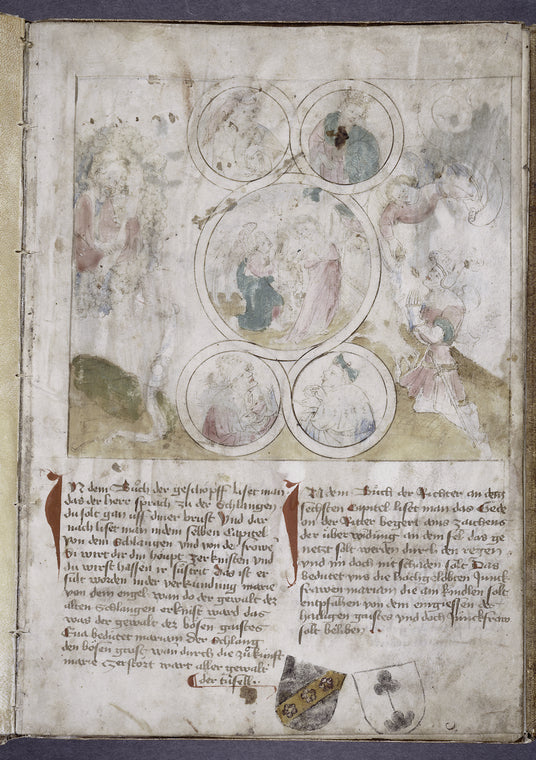 Annunciation in the center roundel; God assigning punishment to serpent; angel and Gideon's fleece; prophets in smaller roundels; added coats of arms of Ehringer (left; in form used before 1430) and Neithardt (right) families