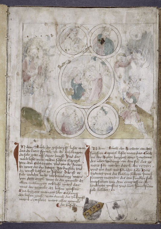 Annunciation in the center roundel; God assigning punishment to serpent; angel and Gideon's fleece; prophets in smaller roundels; added coats of arms of Ehringer (left; in form used before 1430) and Neithardt (right) families