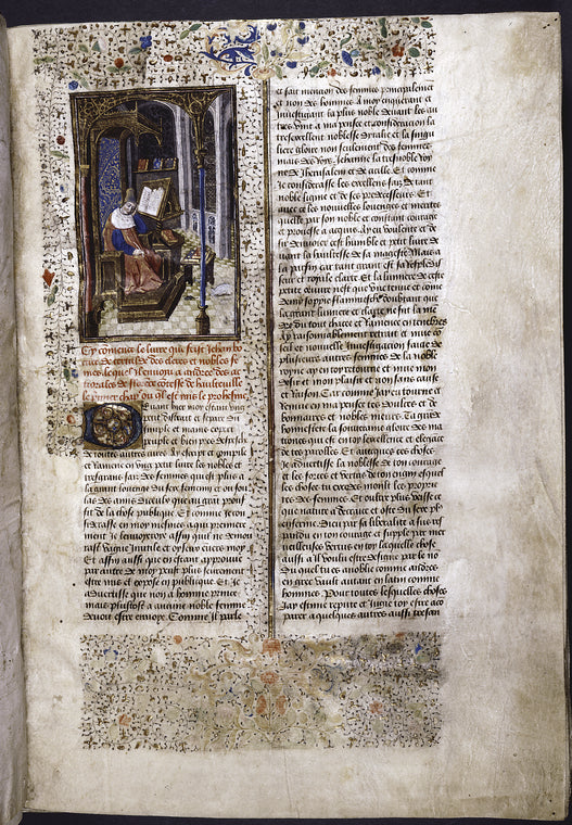 Incipit of text, with initial, rubric, border design.  Miniature showing the figure of the author in a gothic chamber, asleep.  He has a pen in his hand, a book open on a lectern, and other books scattered around.  A cat chases a mouse across the floor.