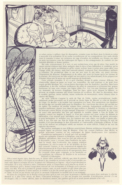 Woman seated at a table ; Example of art nouveau floral design