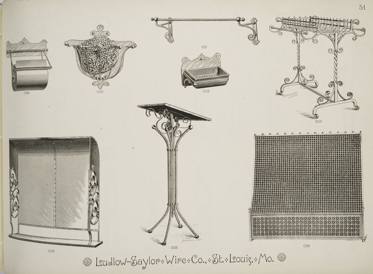 Decorative metalwork podium, toilet paper holder, sponge holder, soap holder, towel holder, coat rack, grille, radiator cover (?).