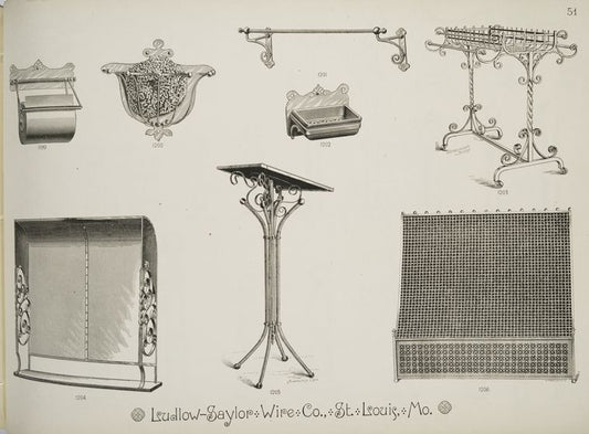 Decorative metalwork podium, toilet paper holder, sponge holder, soap holder, towel holder, coat rack, grille, radiator cover (?).