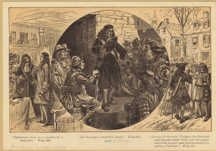 Philipse, Van Cortlandt and Bayard talking with townspeople