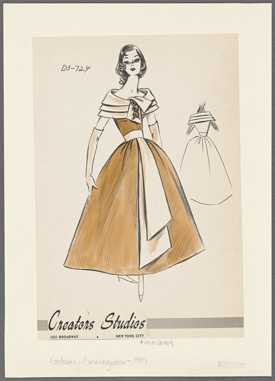 Full-skirted dress with three-tiered portrait collar; "tucked scarf" fabric accent at neck is repeated by long, wide sash at waist